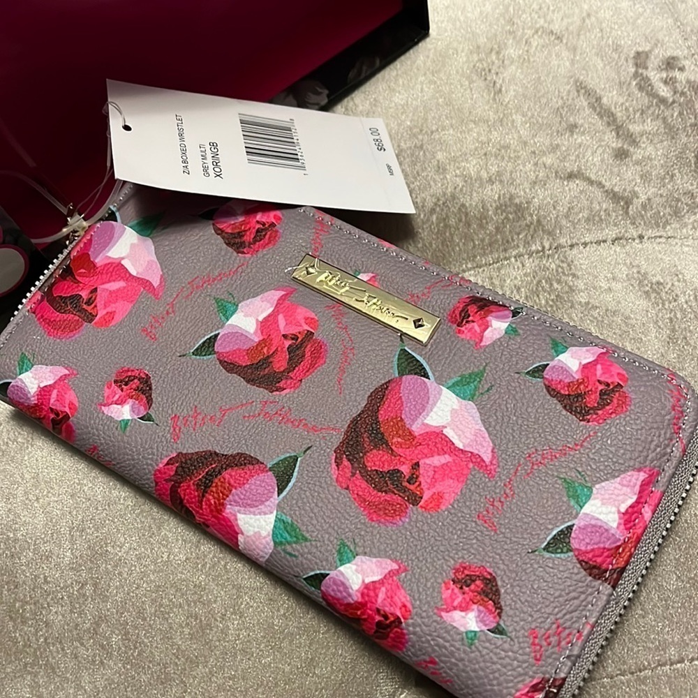 Betsey Johnson boxed wallet in gray with pink floral design